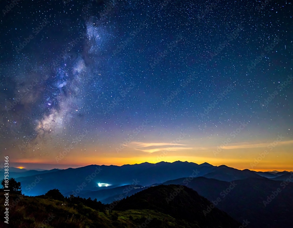 Fototapeta premium Milky Way shines over mountain ranges with glowing horizon in a clear night sky