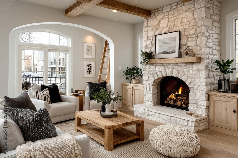 Fototapeta premium Cozy living room with white walls, light wood paneling, and a warm fireplace