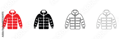 puffy jacket outerwear icon vector set, winter clothing jacket vector, silhouette and line art