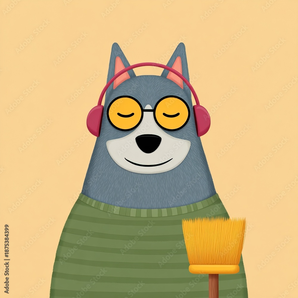 Fototapeta premium Cartoon dog with glasses and headphones holding a brush against a plain background