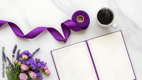 Top View Flat Lay of Open Blank Notebook with Purple Lavender Flowers and Hot Black Coffee on Marble Background