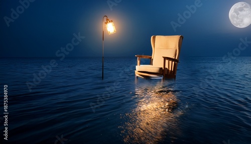 chair and warm floor lamp floating on dark calm ocean at night