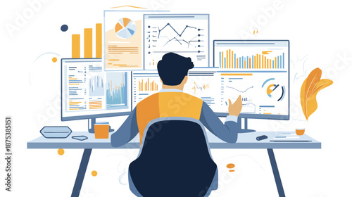 Man Analyzing Data on Multiple Computer Screens.