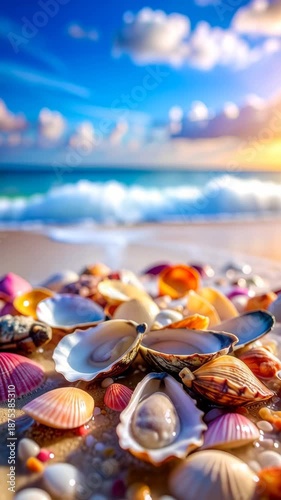 Close-up view of seashells on the beach, with ocean waves softly washing ashore under a bright blue and cloudy sky, warm sunset glow.