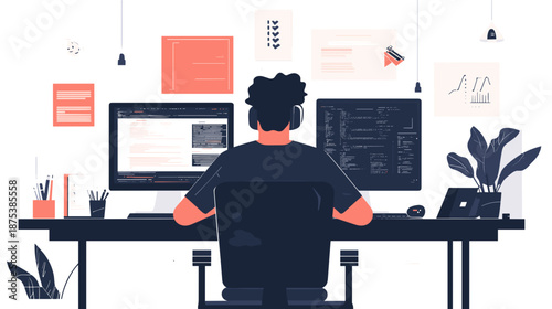 Man Working on Computer at Desk.