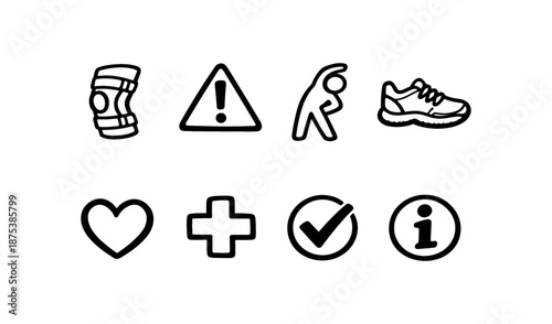 Set of simple black and white icons representing health, fitness, and medical concepts