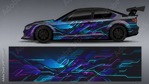 Futuristic car wrap design with abstract geometric patterns in vibrant blue and purple colors.