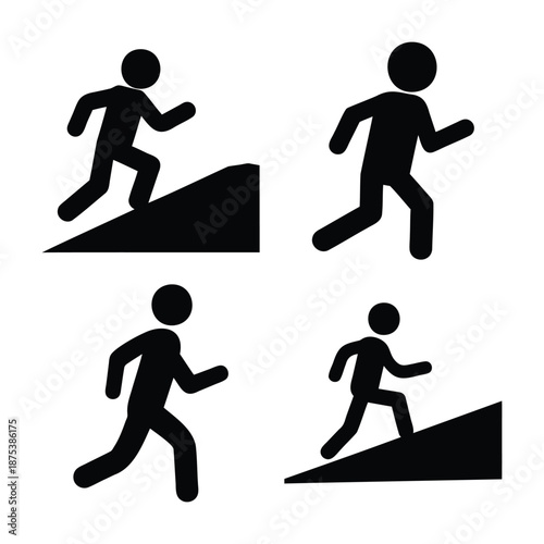 Dynamic stick figure icons illustrating various running and walking actions, including uphill ascent