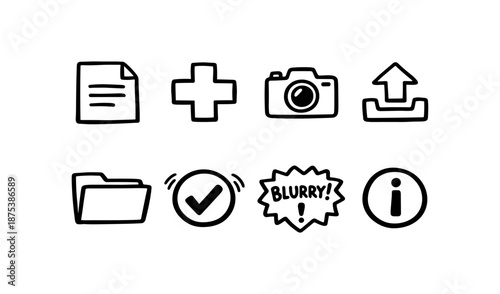 Hand-drawn icons for document, plus, camera, upload, folder, checkmark, blurry, and info