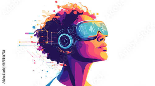 Woman Wearing Virtual Reality Headset and Headphones.