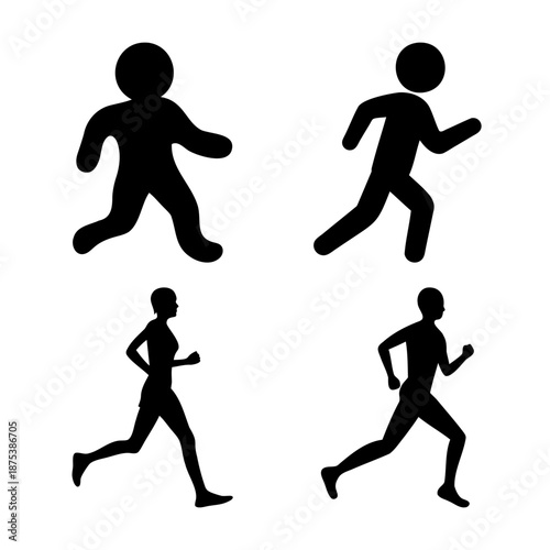 Collection of diverse running and walking human silhouettes depicting motion and activity