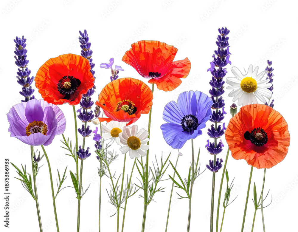 Fototapeta premium Assortment of vibrant wildflowers, including poppies, lavender, and daisies, against a black backdrop