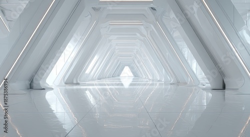 Futuristic, geometric corridor with bright white surfaces and illuminating lines