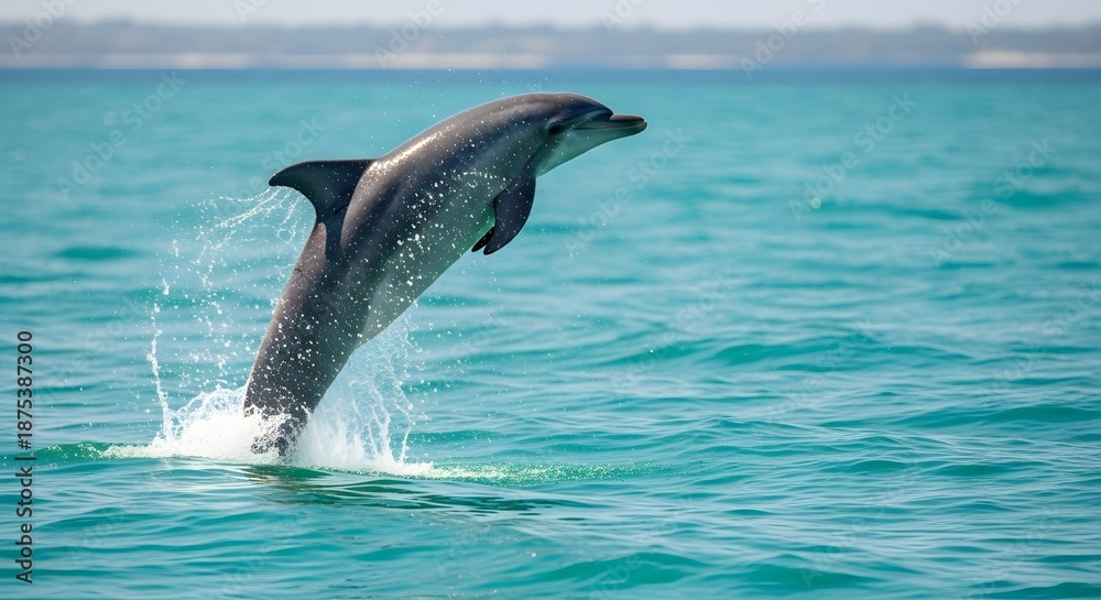 Fototapeta premium Majestic bottlenose dolphin leaps high above the sparkling turquoise ocean waves creating a dramatic water splash against a bright sky.