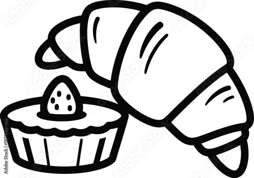 Delicious croissant and muffin on white background