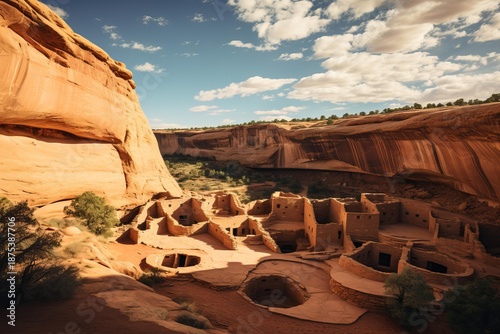 Ancestral puebloan cliff dwelling ruins nestled within a striking desert canyon