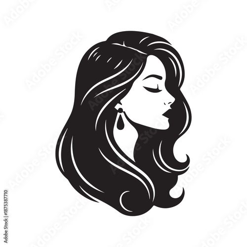 Beautiful Woman Face Silhouette Profile with Long Wavy Hair Vector Illustration
