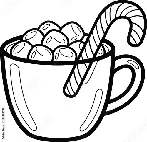 Hot chocolate with marshmallows and candy cane