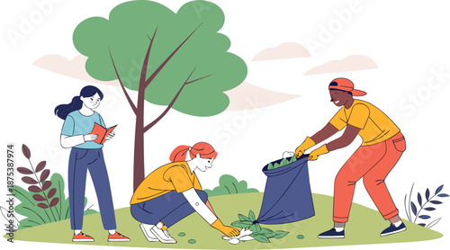 Community Effort: A team of volunteers actively participates in a community clean-up initiative, demonstrating teamwork, environmental responsibility, and collective effort.