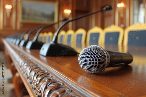 Dynamic microphone on an ornate wooden conference table in a luxurious boardroom, multiple gooseneck mics lined up, concept for political forums, corporate presentations and executive meetings