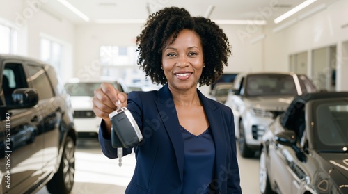 African American woman car sales manager holding keys and smiling at camera in dealership showroom. Automotive business and successful vehicle purchase