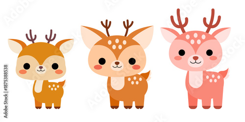 Cute Cartoon Deer. Christmas Kawaii reindeer vector clipart logo icon. Cute forest Fawn animal. Stock vector illustration isolated on white background.