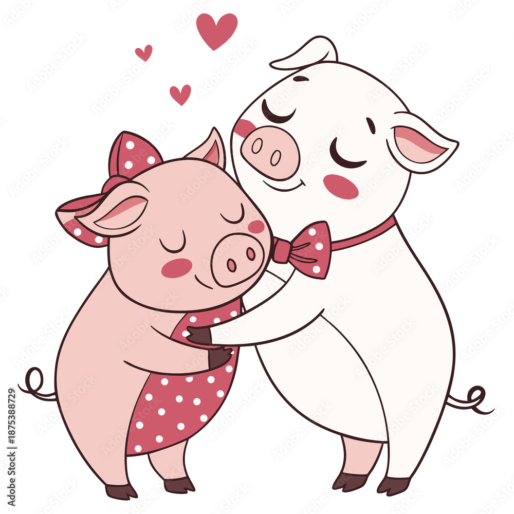 Fototapeta premium pig couple hugging each other white background