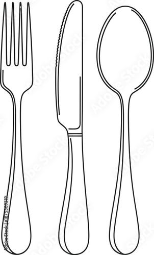 Simple black line art drawing illustrating a standard place setting with a fork knife and spoon ready for dining service