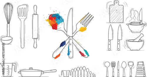 Collection of hand drawn kitchen utensils and cooking tools illustrated with vibrant watercolor splashes showcasing culinary creativity and food preparation essentials