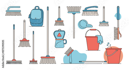 An illustrative collection of various cleaning tools and equipment, featuring brooms, brushes, buckets, and other essential household sanitation items.