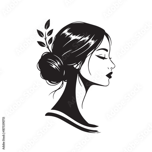 Beautiful Woman Face Silhouette Profile with Hair Bun and Natural Leaves Vector Illustration
