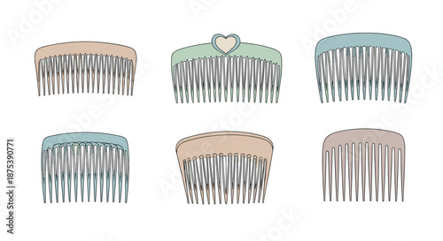 An assortment of six stylish hair combs, each featuring a unique design and soft color palette, including a heart-shaped one, isolated on white.