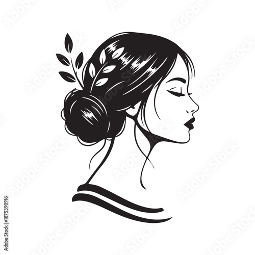Beautiful Woman Face Silhouette Profile with Hair Bun and Natural Leaves Vector Illustration
