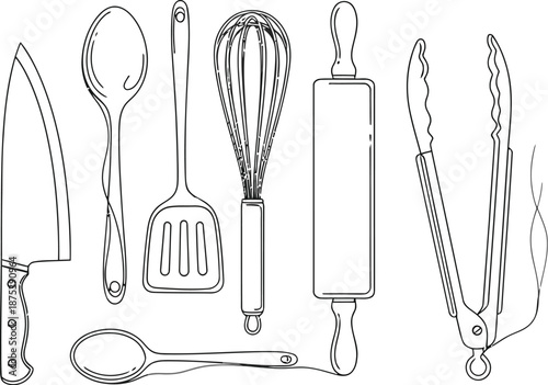 Set of essential kitchen utensils drawn in a clean minimalist black and white outline style perfect for culinary design projects