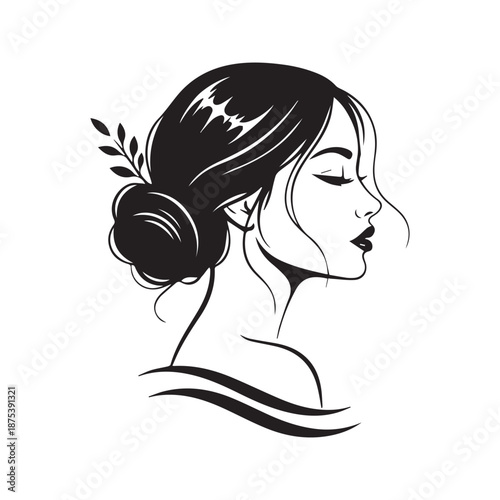 Beautiful Woman Face Silhouette Profile with Hair Bun and Natural Leaves Vector Illustration
