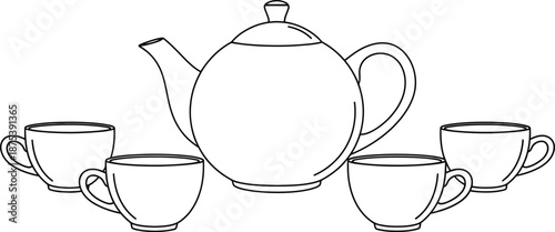 Simple black and white line art illustration of a round teapot centered with four small teacups arranged symmetrically around its base ready for service.