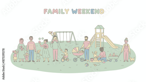 Family Weekend at the Playground. Happy Diverse People and Children Playing Outdoors. Cute Simple Line Art Illustration.