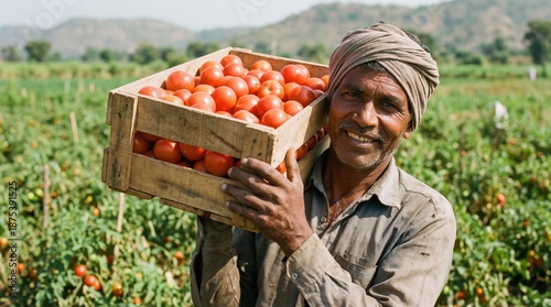 Indian man farmer holding wooden crate full of fresh red tomatoes on shoulder in green field. Agriculture harvest and healthy organic food production banner with copy space