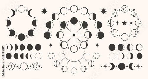 Moon phase icon with crescent and eclipse shape for lunar cycle, astronomy mystic symbol. Cosmic vector design celestial calendar, magic boho minimalist tattoo. Astrology hipster logo tribal clipart