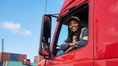African american woman truck driver leaning out of red semi vehicle window smiling at camera. Logistics transportation industry and delivery service banner with copy space