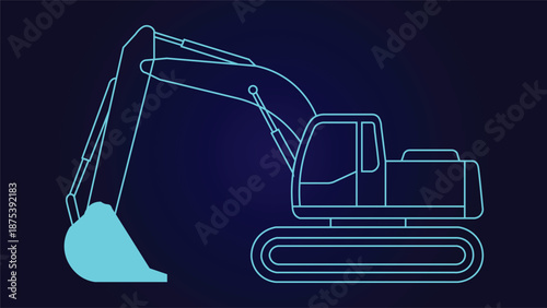 Glowing cyan excavator outline on dark futuristic background ideal for construction technology industry ads websites banners posters presentations and modern digital design project