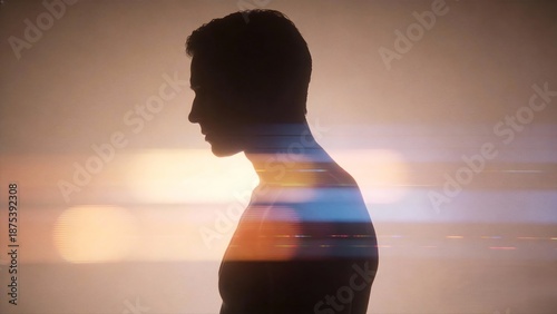 Cinematic Silhouette of a Man with Abstract Light Motion Trails