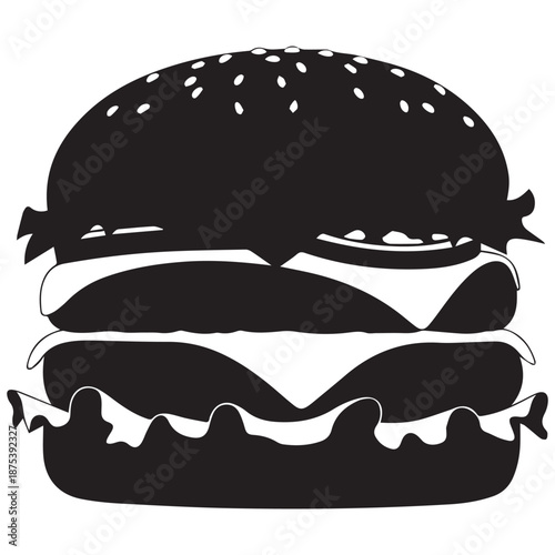 Stylish black hamburger graphic with sesame seeds on a bun