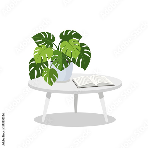 Monstera Plant in Pot on White Table with Open Book, Vector Illustration