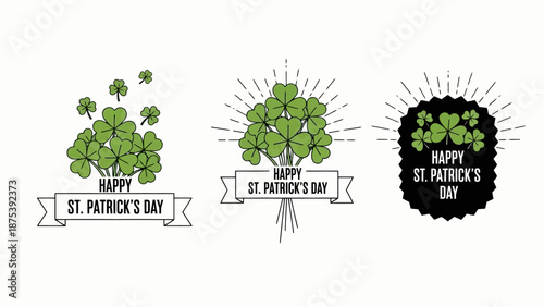 Three St. Patrick's Day graphic designs featuring shamrocks and celebratory text.