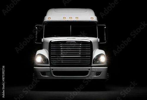 Front view of a white semi-truck with headlights on, illuminated against a black background