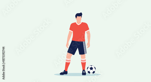 A male soccer player in a red jersey and blue shorts stands on a light green background with a soccer ball at his feet, depicted in a flat design style.