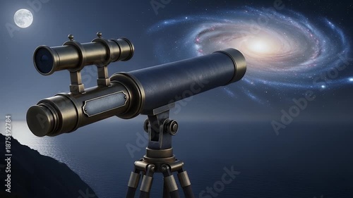 telescope on tripod under starry night sky with spiral galaxy over sea