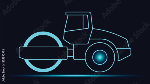 Glowing cyan road roller outline on dark futuristic background ideal for construction industry ads websites banners presentations and modern digital design use projects creative