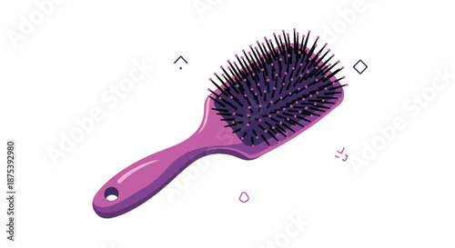 A vibrant purple paddle hairbrush with numerous black bristles is centrally placed on a clean white background, accompanied by subtle geometric accents.